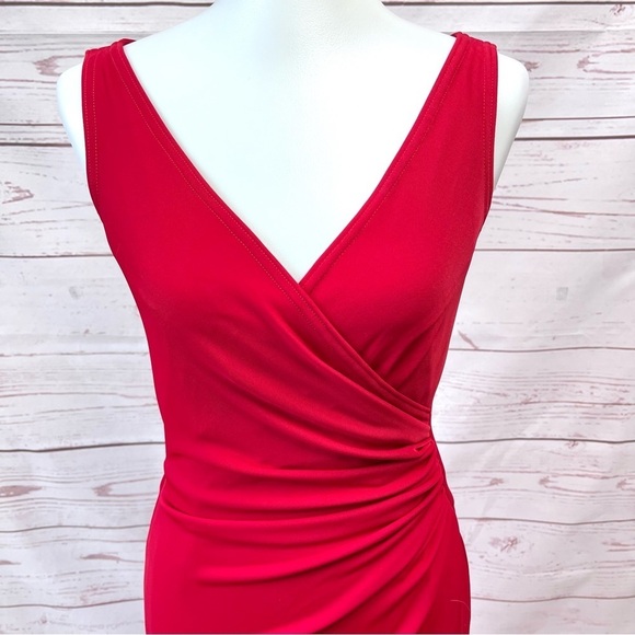 Vintage Tadashi Shoji Asymmetrical Ruched Faux Wrap Surplice Stretch Dress - Picture 2 of 10